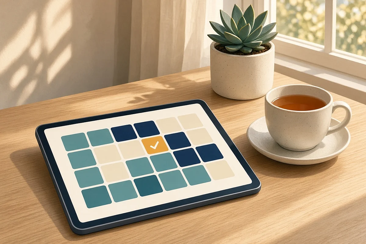 A tablet showing a weekly appointment calendar next to a cup of tea